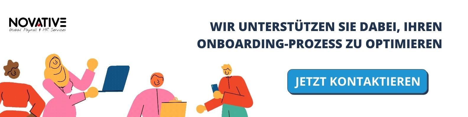 Checkliste Virtuelles Onboarding Werbung. Bild mit farbenfrohen Charikaturen sagt: Wir unterstützen Sie dabei, IHren nboarding Prozess zu Optimieren. Jetzt Kontaktieren